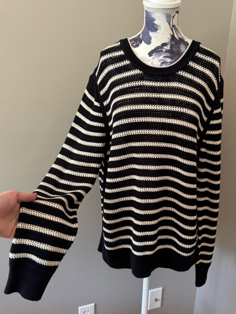 Nautica Jeans Co. Black & White Horizontal Striped Crewneck Sweater